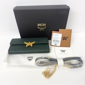MCM Dark Green Leather Clutch with Gold Details